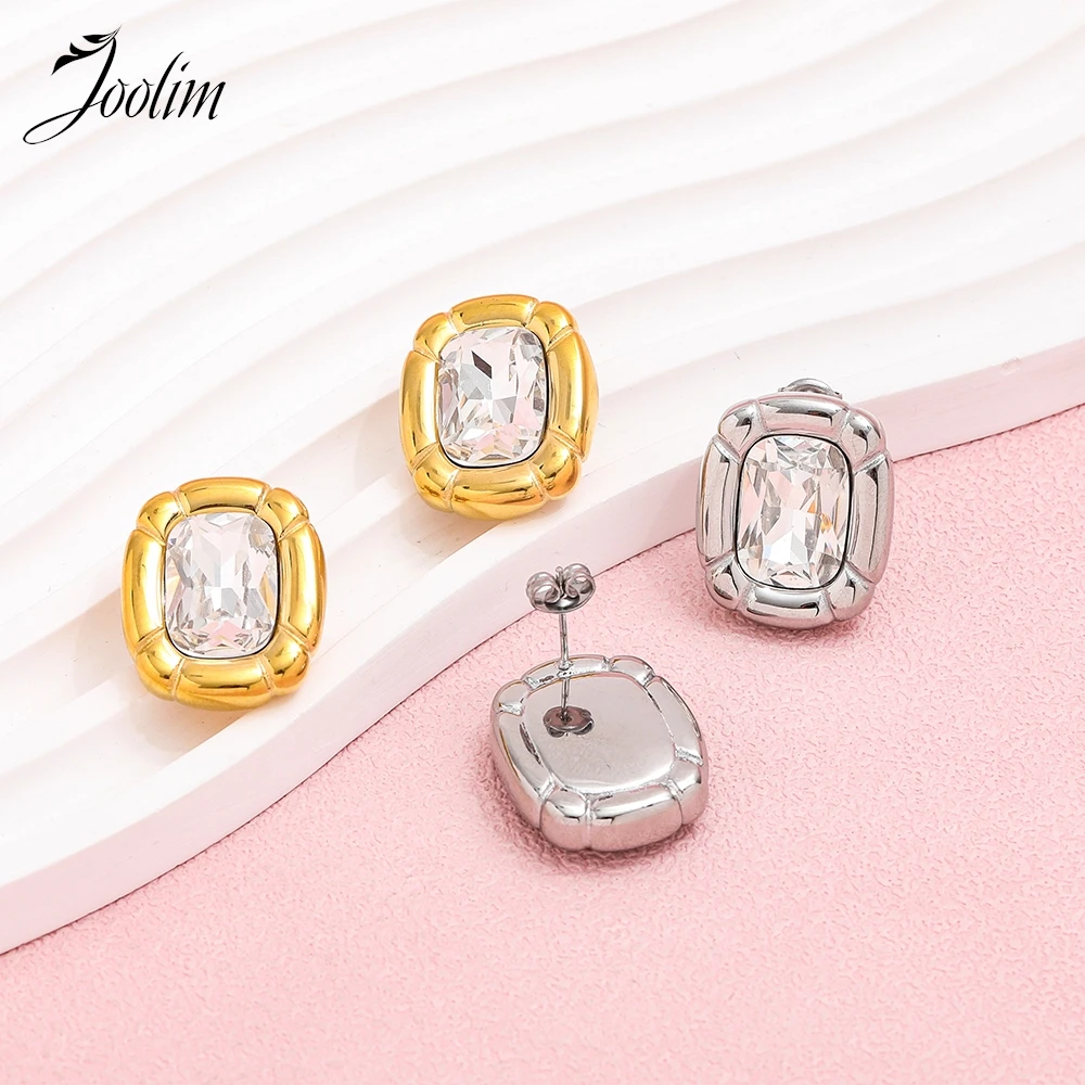 

Joolim Jewelry High Quality PVD Wholesale Dainty Retro Simple Texture Oval Brand Zirconia Stud Stainless Steel Earring for Women