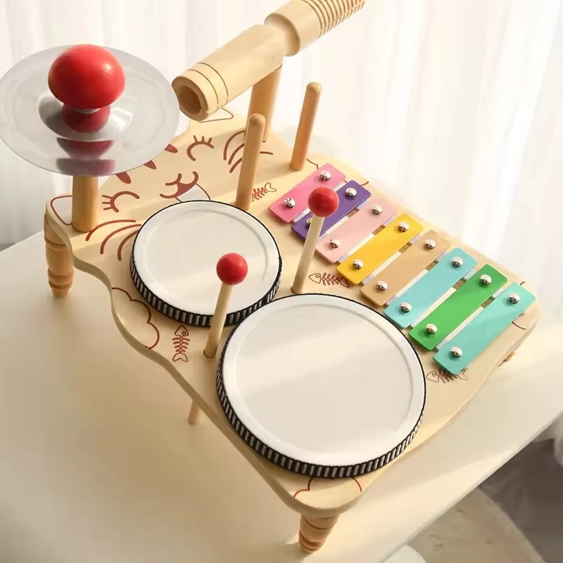 Wooden Baby Drum Set Musical Instrument Percussion Toy 8-tone Xylophone Piano Parish Learning Preschool Rhythm Educational Toy