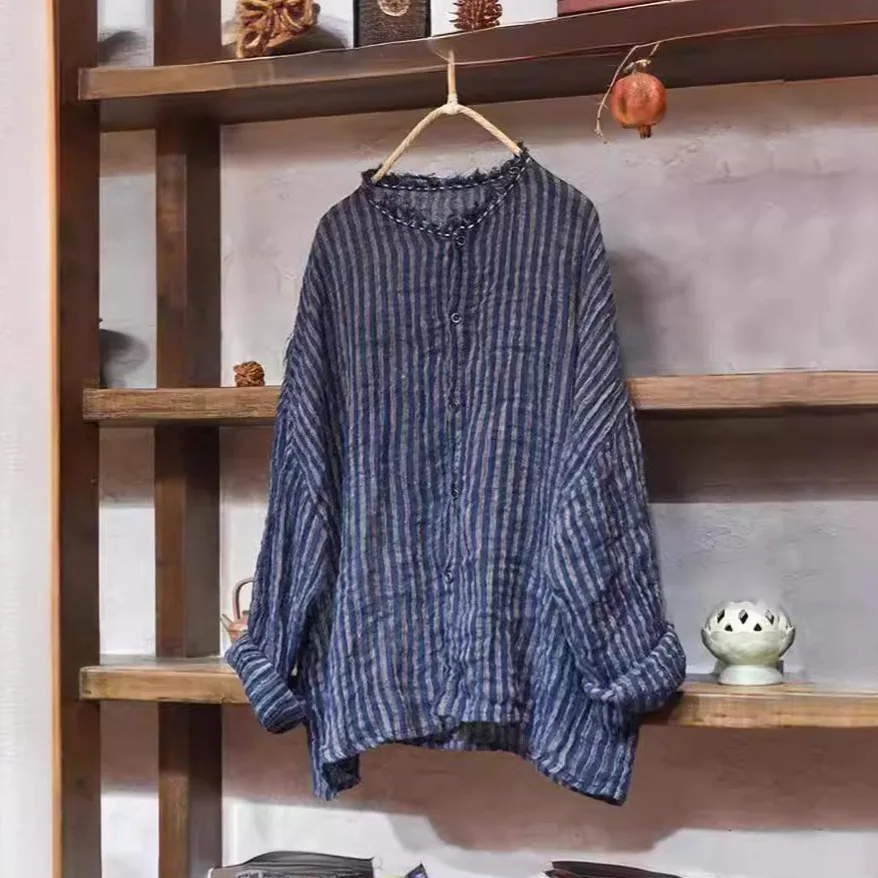 Women Striped Ramie Long Sleeves Tops and Blouse Spring and Summer High Quality Linen Shirt 2024 Vintage Loose O-Neck Shirts