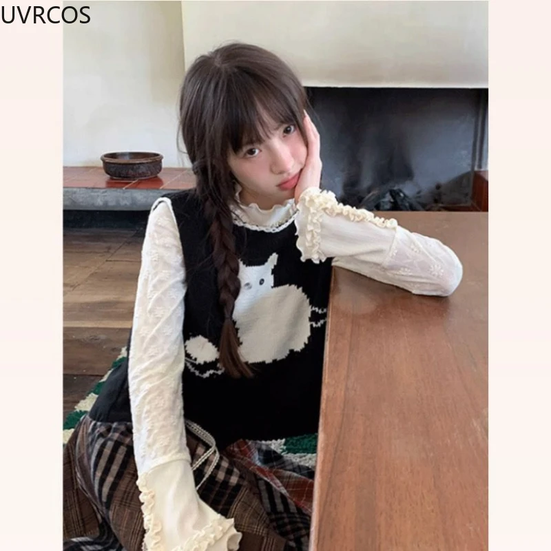 Vintage Sweet Sweater Vest Women Kawaii Cat Knitted Waistcoat Streetwear Fashion Tank Tops Autumn Winter Harajuku Y2k Knit Vests