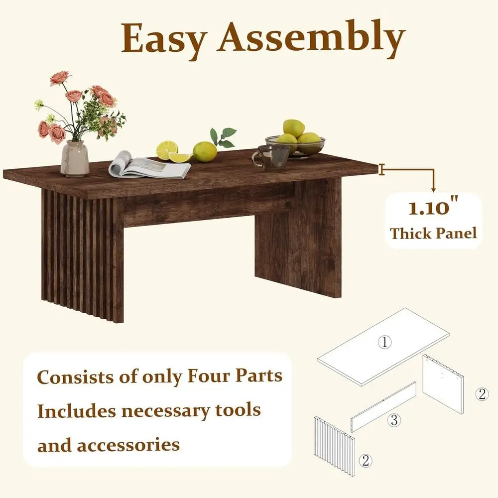 Rustic Oak Fluted Panel Farmhouse Coffee Table, 43 Rectangle for Mid-Century Living Rooms