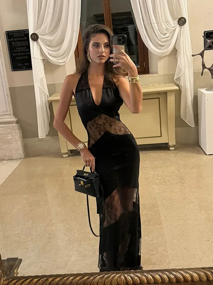 

Women's Splicing Design Thick Shoulder Strap Dress Y2K Sexy Lace Decoration V-Neck Long Dress Elegant Party Evening Gowns