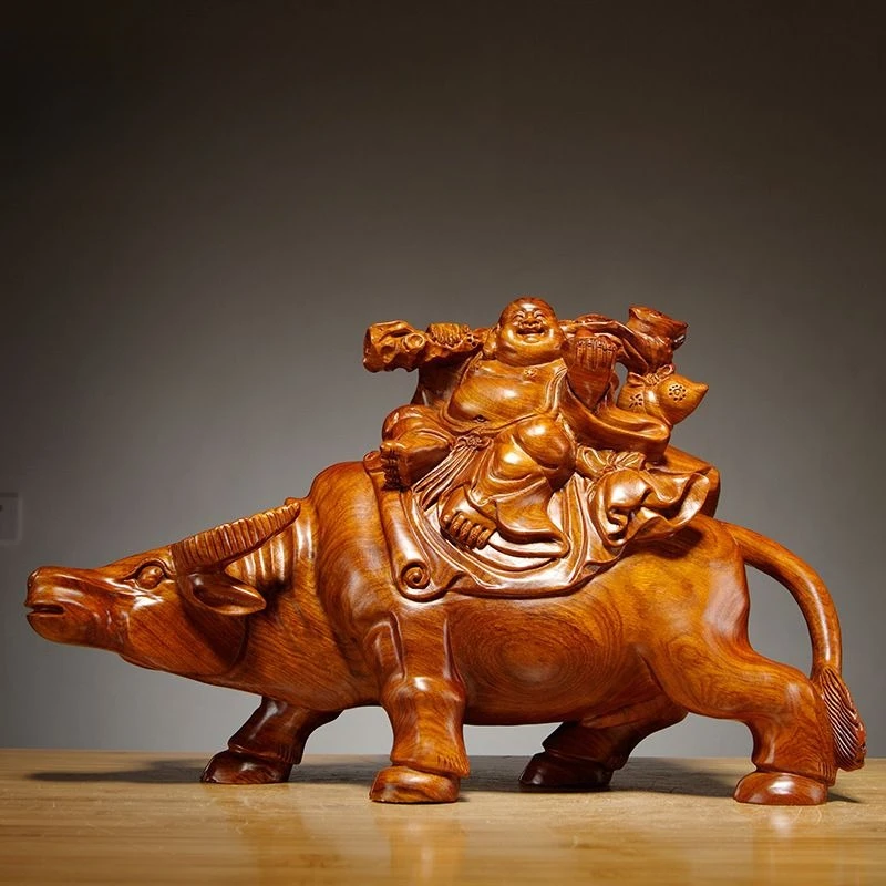 Pear wood carving bull riding Maitreya Buddha statue ornament home porch decoration mahogany crafts