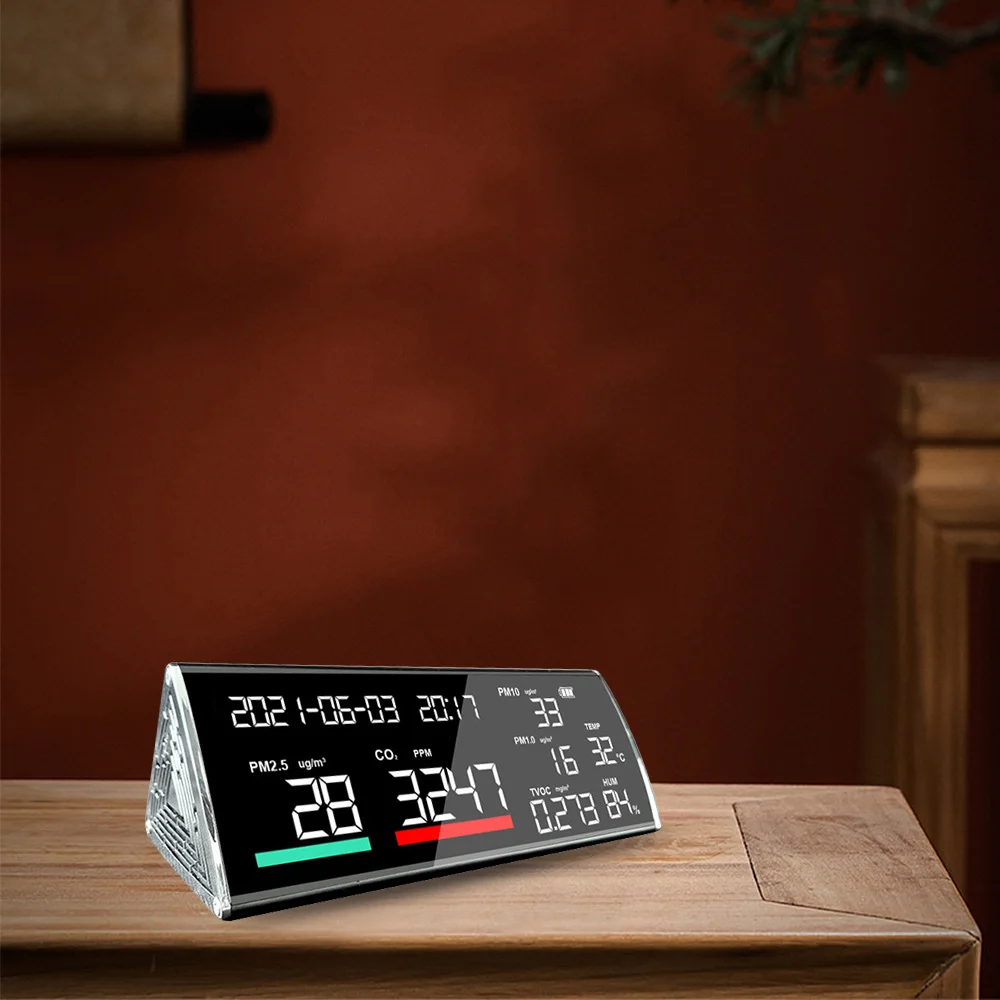 كاشف جودة الهواء CO2 PM2.5 عالي الجودة متعدد الوظائف باللون الأسود مع منفذ TVOC لدرجة الحرارة والرطوبة من النوع C ضمان لمدة سنة واحدة