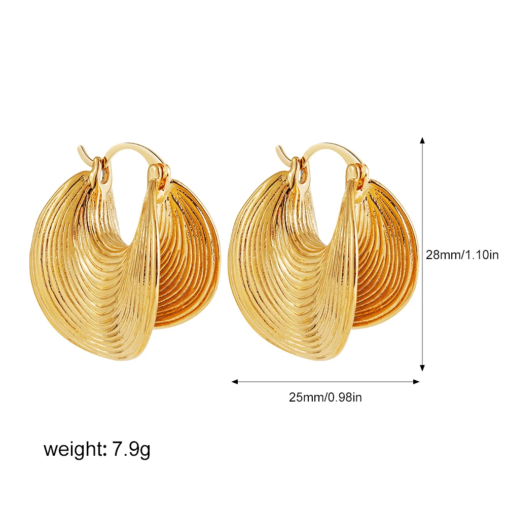 Irregular Fan Threaded Metal Hoop Earrings For Women Vintage Gold Plated Hammered Texture Fashion Charm Jewelry