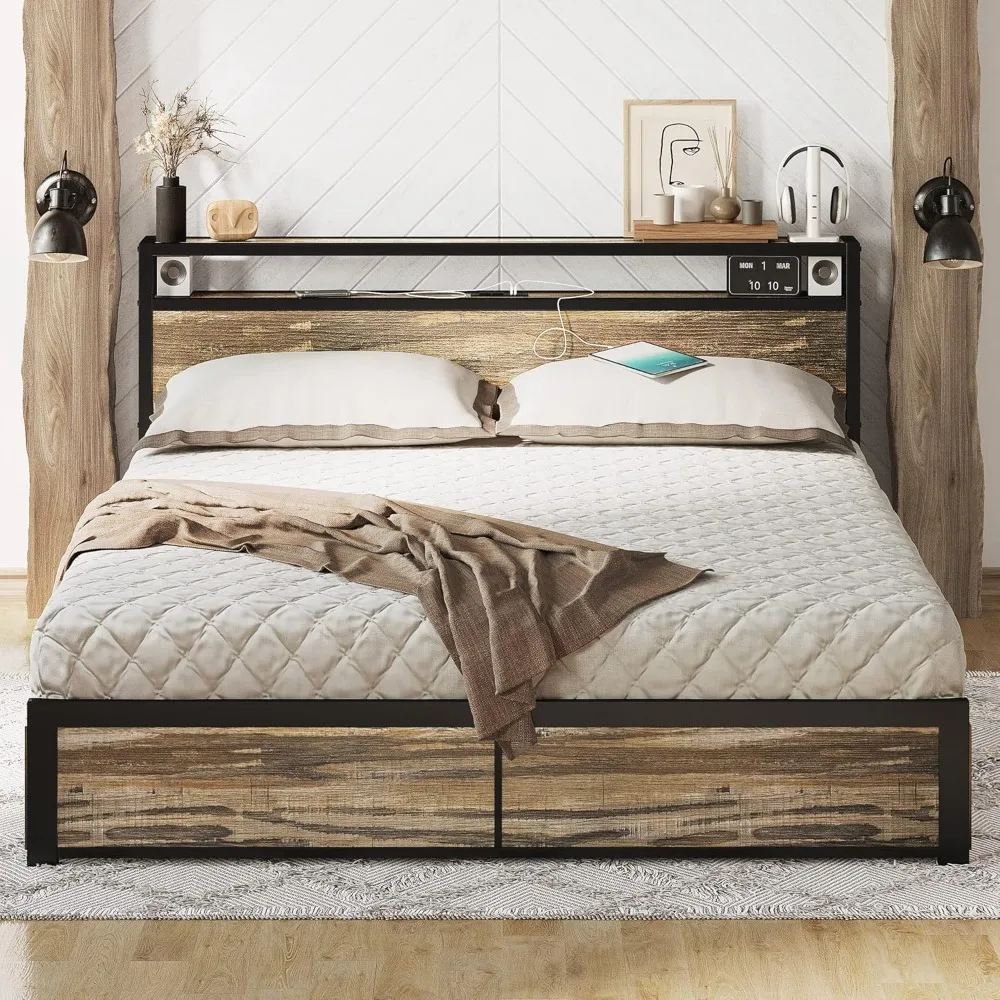 

Queen Bed Frame with Storage Drawer, 2-Tier Storage Headboard with Charging Station, No Box Spring Needed