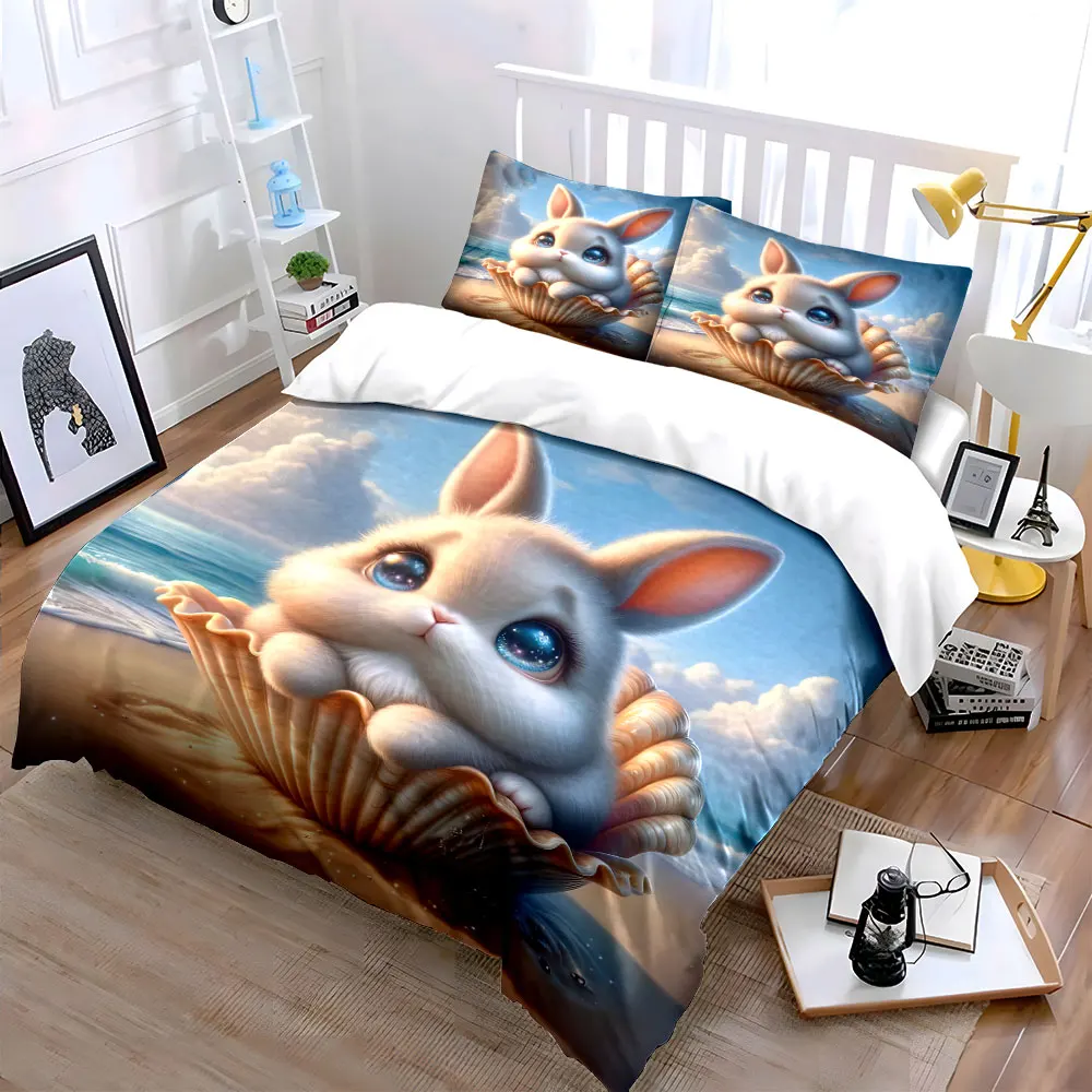 Cute bunny in beach seashell Print Soft Comfortable Duvet Cover Bedding Set Included 1*Duvet Cover 2*Pillowcases Luxury gifts