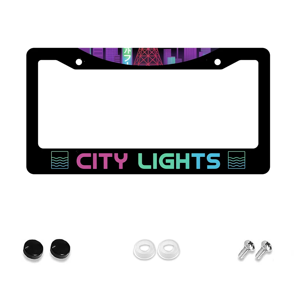 

1 шт. черная рамка номерного знака с 2 отверстиями и красочным рисунком городских огней, алюминиевый материал, 6x12 дюймов, включает комплект винтов, Ret