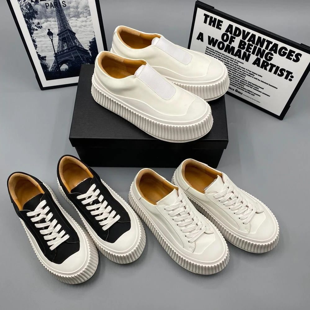 

2025 Women's Full Genuine Leather Thick Sole Cookie Slip On Sneakers White Platform Elevated Casual Versatile Daily Shoes