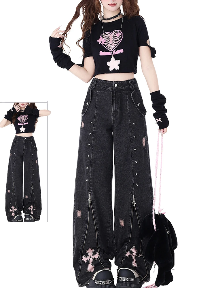 

Women Clothing Black Gothic Jeans 90s Aesthetic Y2k Oversize Denim Trousers Vintage Harajuku Korean Emo 2000s Trashy Jean Pants