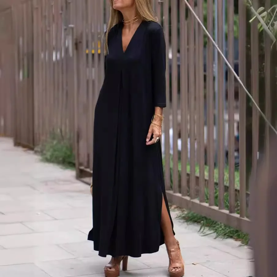 

2025 New Fashion Solid Color V-neck Seven-quarter Sleeve Knitted Long Split Dress Europe and America