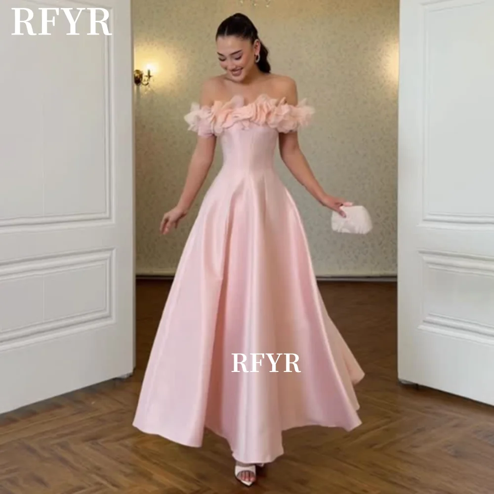 

RFYR Off Shoulder Evening Dress 3D Flowers Prom Dress A Line Satin Party Dress A Line Princess Dress for Women Robe Customized
