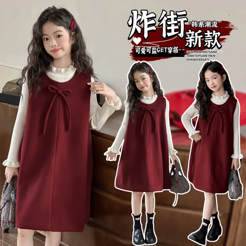 

Girls Dress Autumn and Winter New Children's Style Bow Woolen Vest Dress Girl Red Princess Dress
