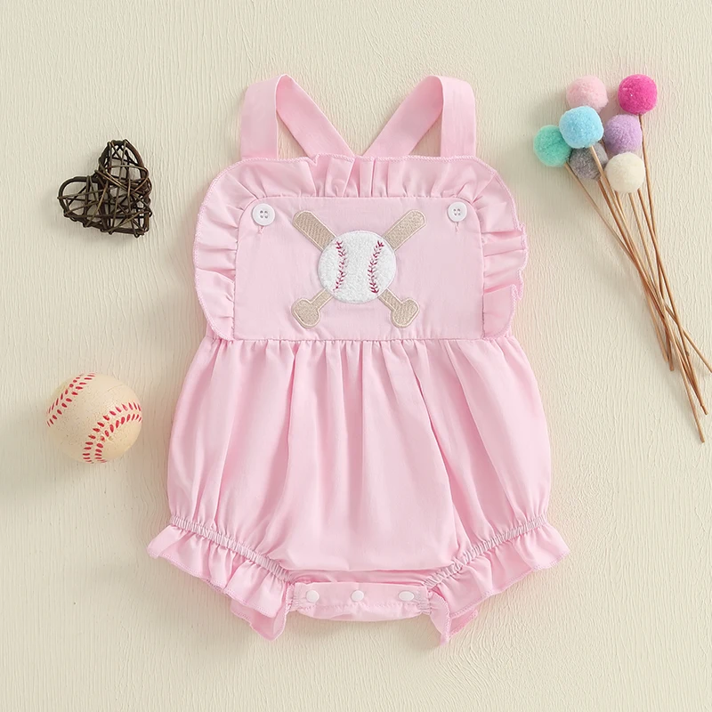 

Baby Girl Baseball Embroidered Overalls Ruffle Trim Sleeveless Bodysuit Cute Summer Romper