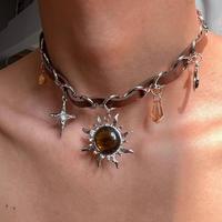 Retro Y2K Brown Opal Sun Pendant Necklace for Men Women Hip Hop Crystal Cross Leather Patchwork Necklace Grunge Party Jewelry