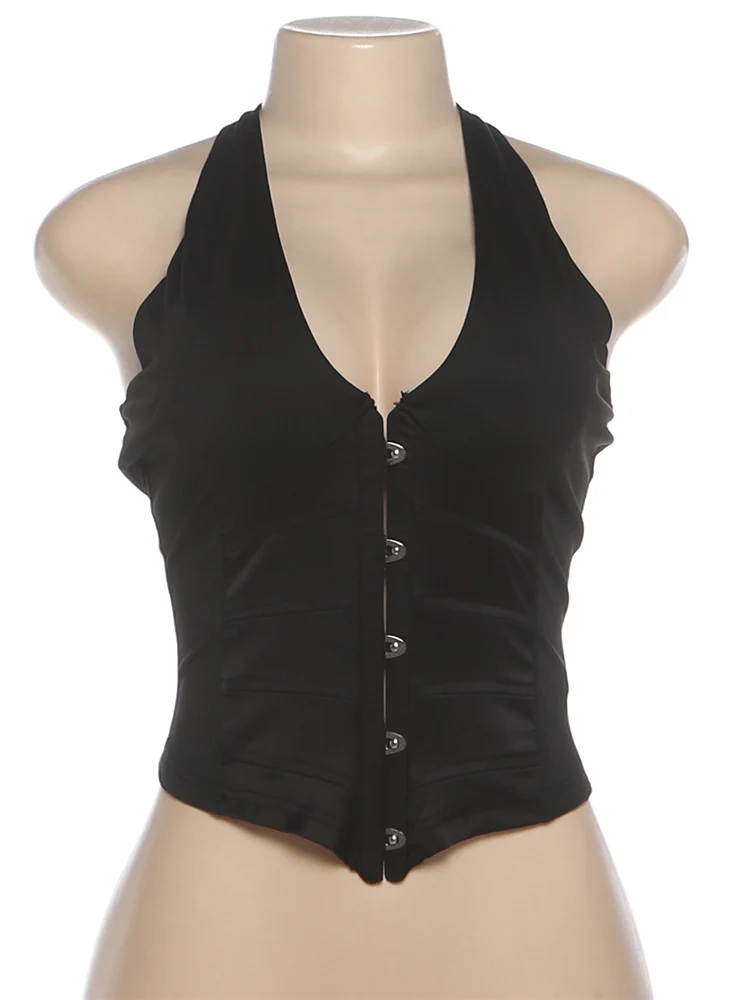 Sisterlinda halter sexy regata feminina sem costas fivela baixo peito retalhos hottie hipster punk selvagem estiramento magro clube streetwear