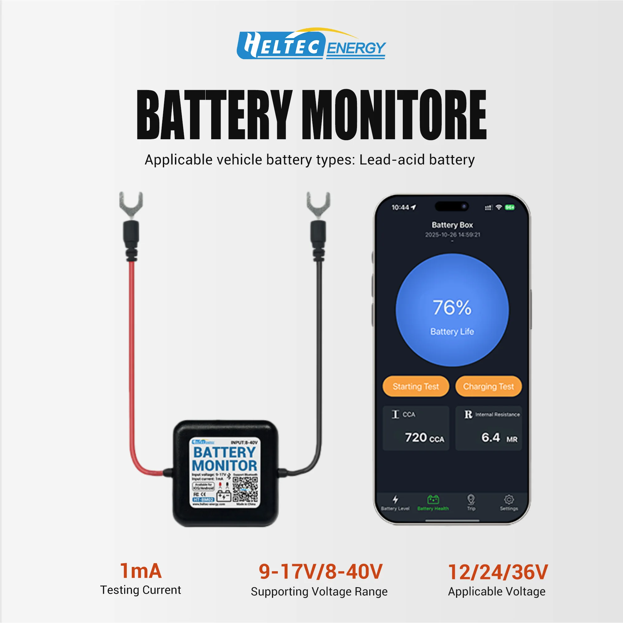 Wireless 12/24/32V Battery Monitor Battery Tester 12V SOC Battery Health Analyzer Battery Tools with Bluetooth for Android IOS