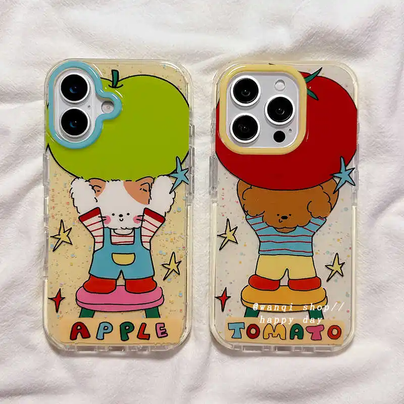 

Cute Apples Puppy Cat Phone Case for IPhone 17 16 Promax New 13 14 15 Plus Korean Ins Silicone Anti Drop Protective Cover Soft