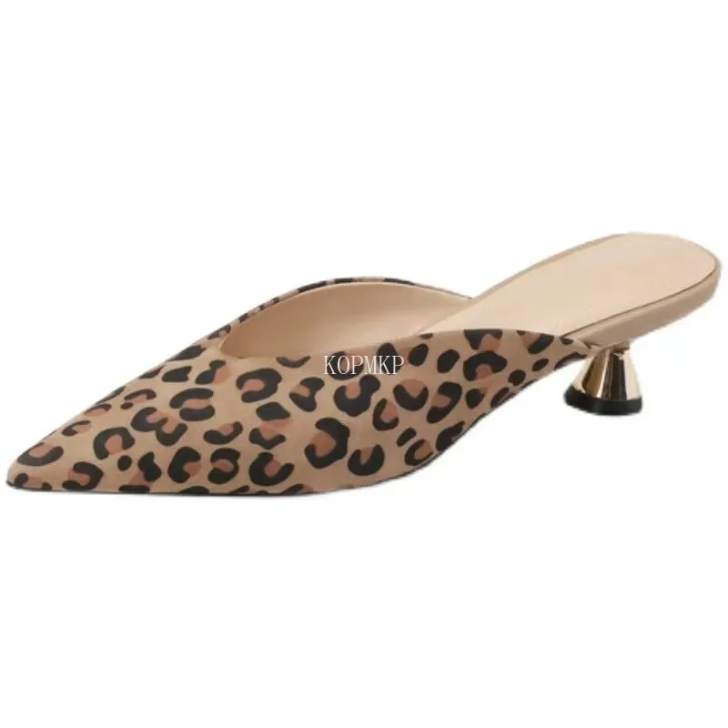 Spring Fashion Leopard Print Pointed Toe Women Slippers Sexy Heels Sandals Stripper Banquet Mule Female Shoes Zapatos De Mujer