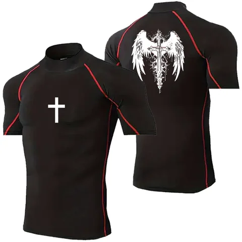 Herrtopp med polotröja och tryck för sommarträning, gotiskt tryck, snabbtorkande t-shirt, andningsbar, komprimerad t-shirt 8 best sales kompressionströja med polotröja - №6