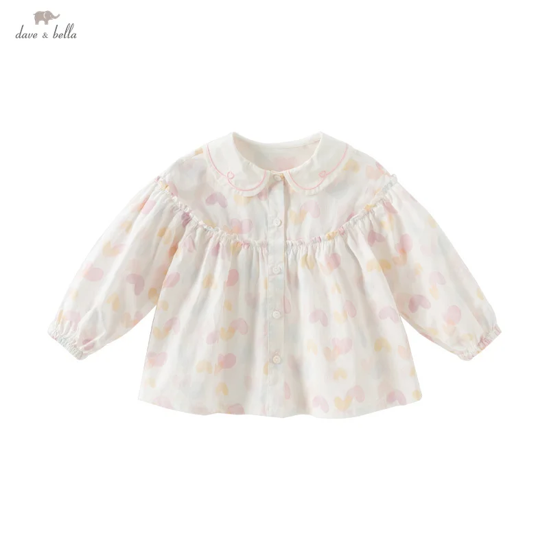 Dave Bella Children's Shirt Spring Girls Baby Pure Cotton Blouse Sweet Cute Love Print Long Sleeve Top Gentle Party DB1250650