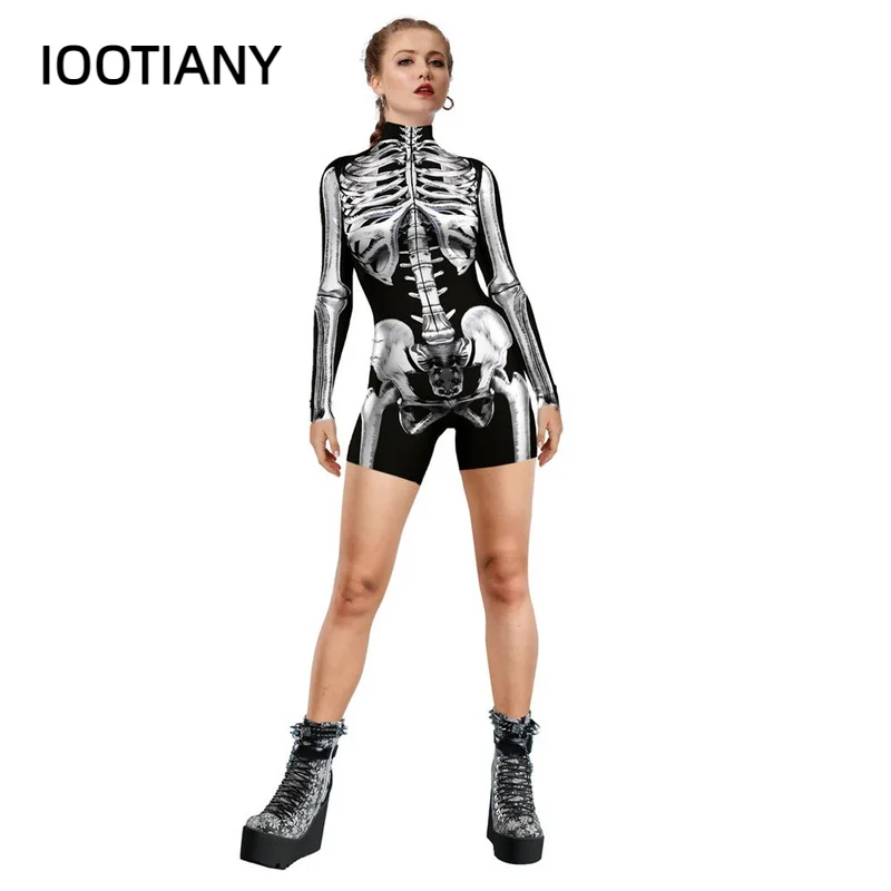 Halloween Snake Fish Scales Skull Skeleton Cosplay Playsuits Printed Sexy Party Performance Elastic Streetwear Women Clothing