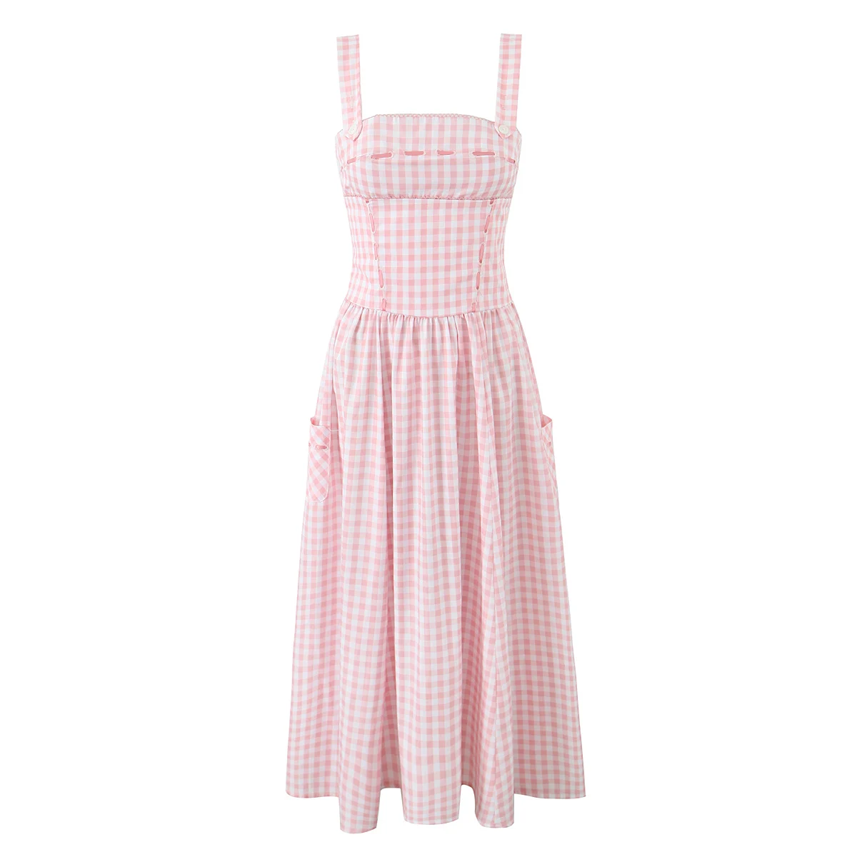 2024 Sweet Pink White Plaid Slash Collar Tank Dress Women Cross Ribbon Eyelet Hole Slim Low Waist Folds A-line Swing Midi Robe