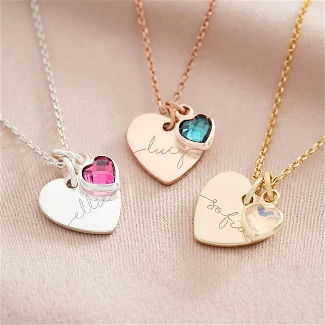 Customized heart-shaped name birthstone necklace, personalized stainless steel handmade jewelry carving name necklace gift