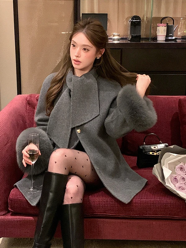 

Двустороннее шерстяное пальто женское с мехом, в стиле Little Fraance, зимнее, модное, теплое и элегантное