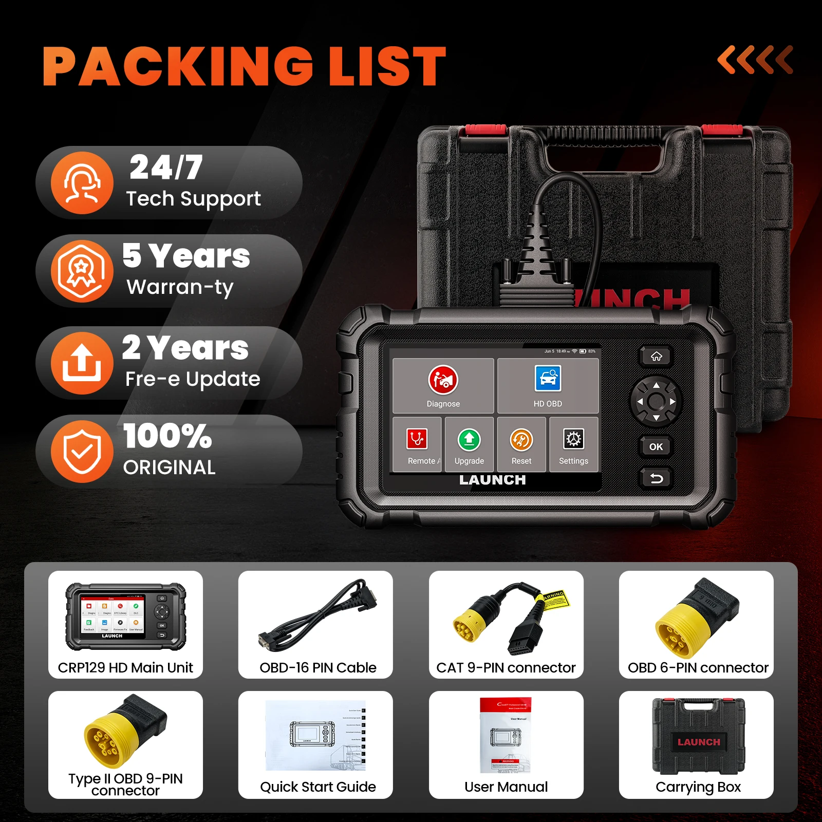 LAUNCH CRP129 HD الماسح الضوئي للشاحنة الثقيلة، أداة مسح الديزل بنظام كامل مع 7 إعادة إعدادات، قوة DPF Regen وإعادة الضبط، لشاحنة ثقيلة 24 فولت