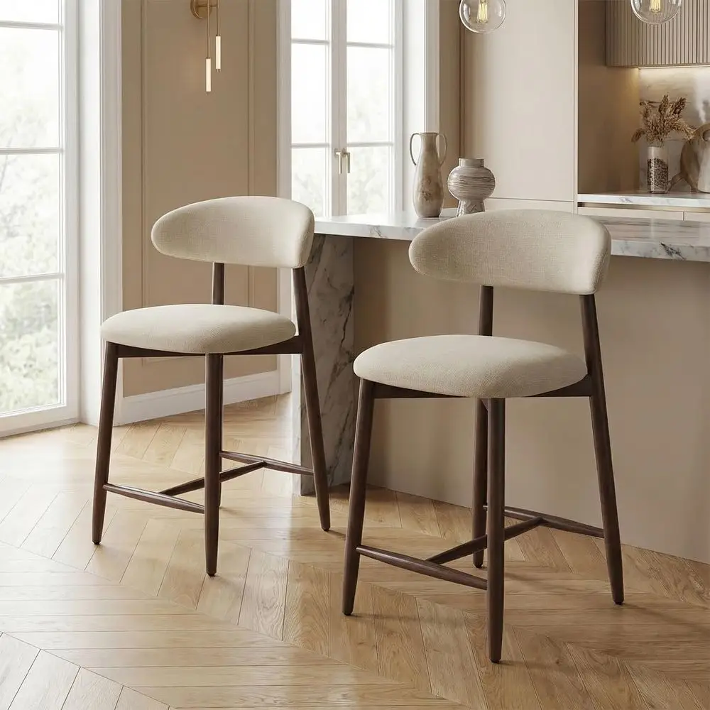 

Комплект из 2 барных стульев высотой 25,6 дюйма с деревянными ножками, обитые тканью, для современной кухни, столовой, бежевый цвет