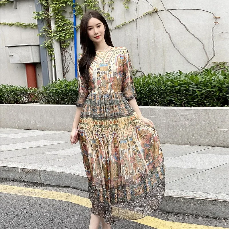 Mulberry Silk Dress for Women, Boho Dress, Abstractionism Printing, O Neck, Half Sleeve, Elastic Waist, Midi Dresses 28019