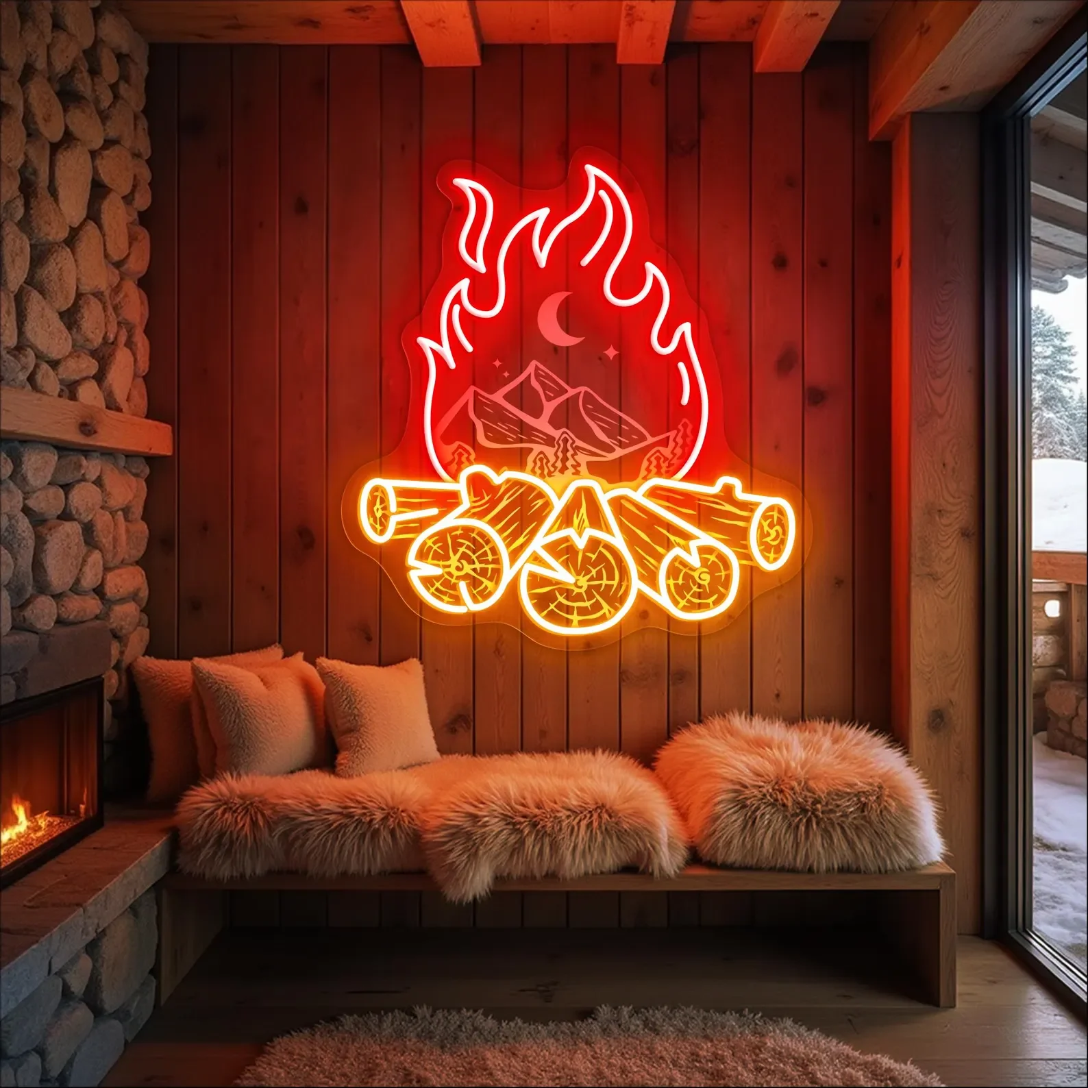 Campfire Neon Sign,Outdoor Adventure LED Wall Light,Mountain Campsite Wall Decor,Bonfire Vibes Room Sign,Gift For Campers