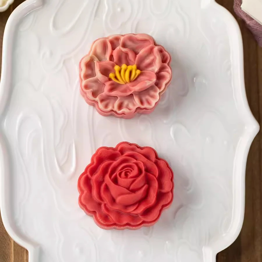 2Pcs/Set 75g Magnolia Mooncake Plunger Mold Rose Flower Cookie Cutter Stamp Mid-Autumn Festival Pastry Dessert Baking Decoration