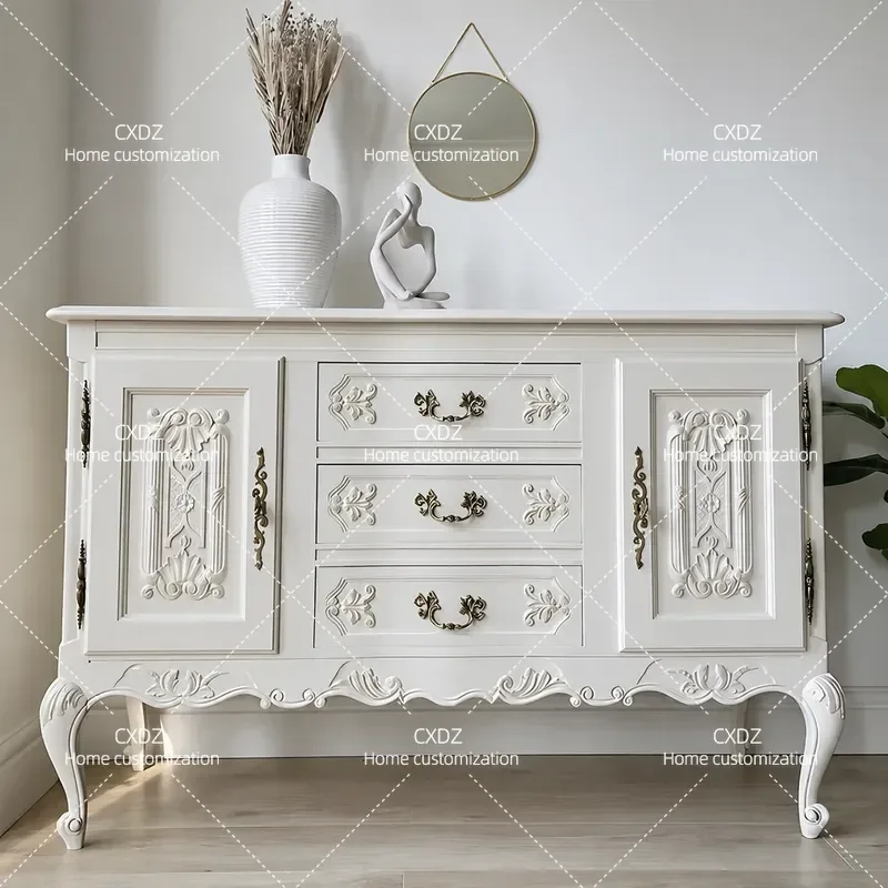 American Solid Wood Carved Flower Storage Dining Side Cabinet Retro Entrance Chest Wall Mounted European Style Console Table