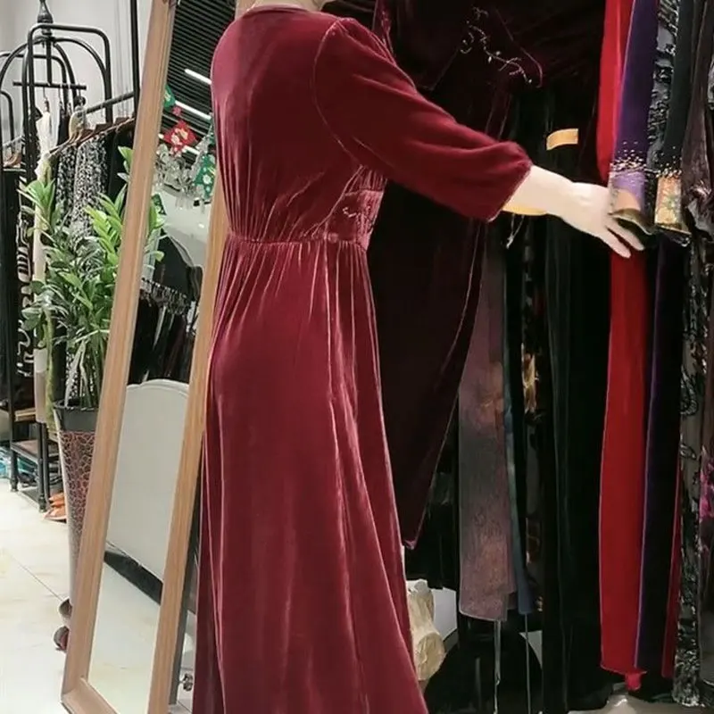 Vintage Stylish Beading Long Dress Autumn Winter Elegant V-Neck Female Clothing Casual 3/4 Sleeve A-Line Waist Velvet Dresses