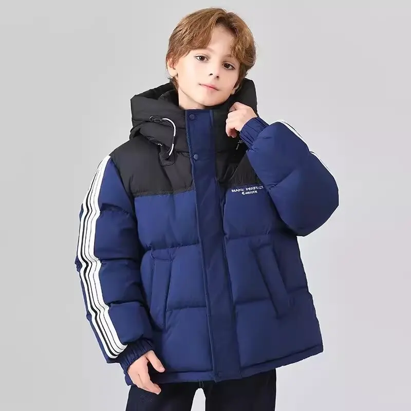 Winter Children Girl Down Jacket Loose Solid Stripe Sleeve ToddlerBoys Snowsuit Thicken Warm Hooded Junior Girl Coat