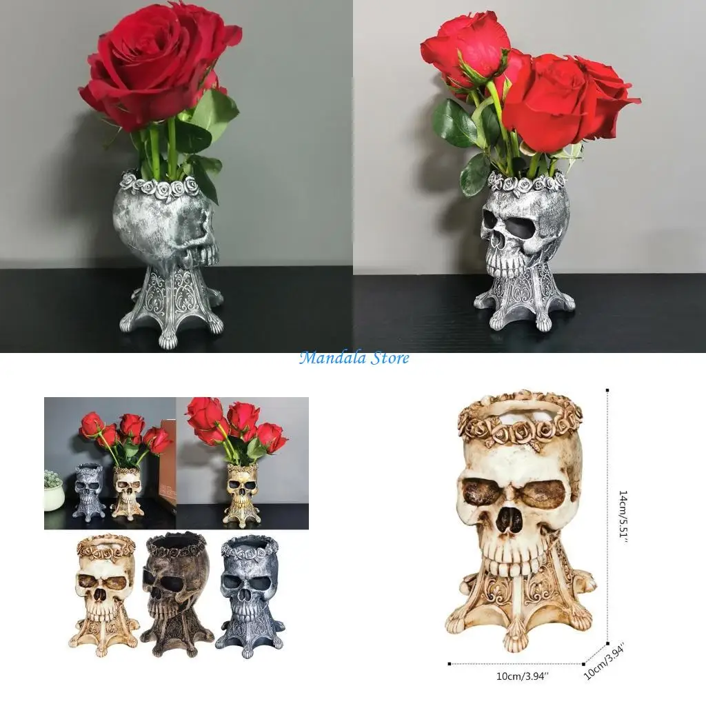 

U2JC Resin Alloy Skull Pencil Stand Multipurpose Use Pencil Cup Desk Utensil Holder Home Artificial Planter