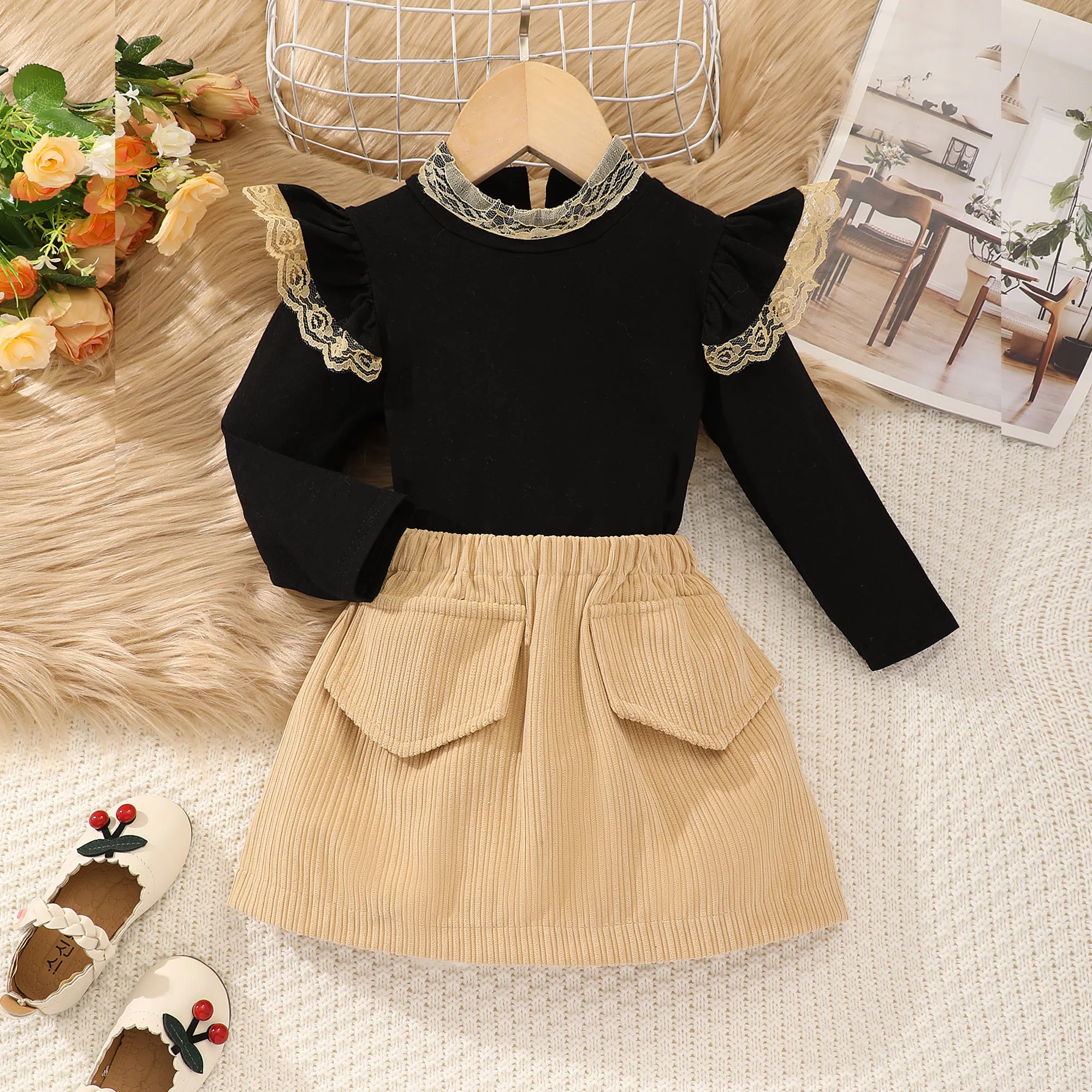 2024 Kids Girl Set Fashion Casual Spring Summer Long Sleeve Lace High Neck Top+Solid 2Pcs Set Color Half Skirt Baby Girls Suit