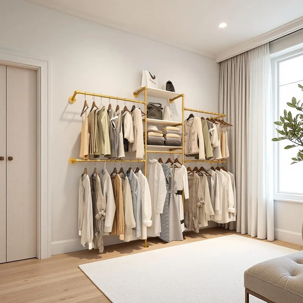 インダストリアルスタイルの壁掛け式頑丈なゴールドパイプ製衣類ラック（調節可能な棚とコーナークローゼットシステム付き）