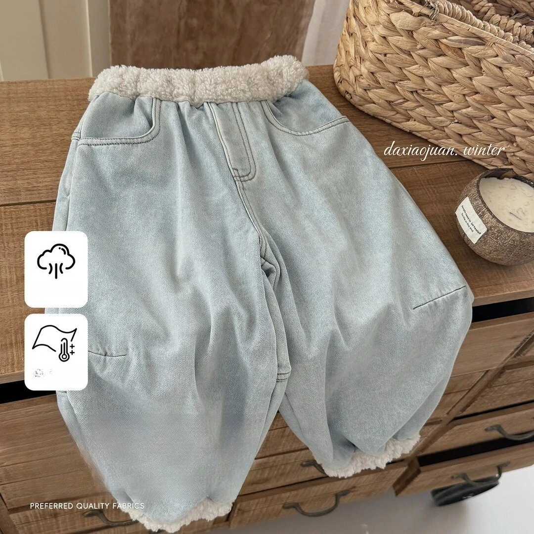 2026 Kids Fleece Jeans Winter Boys Girls Thick Warm Integrated Sherpa Stylish Casual Warm Pants Trendy
