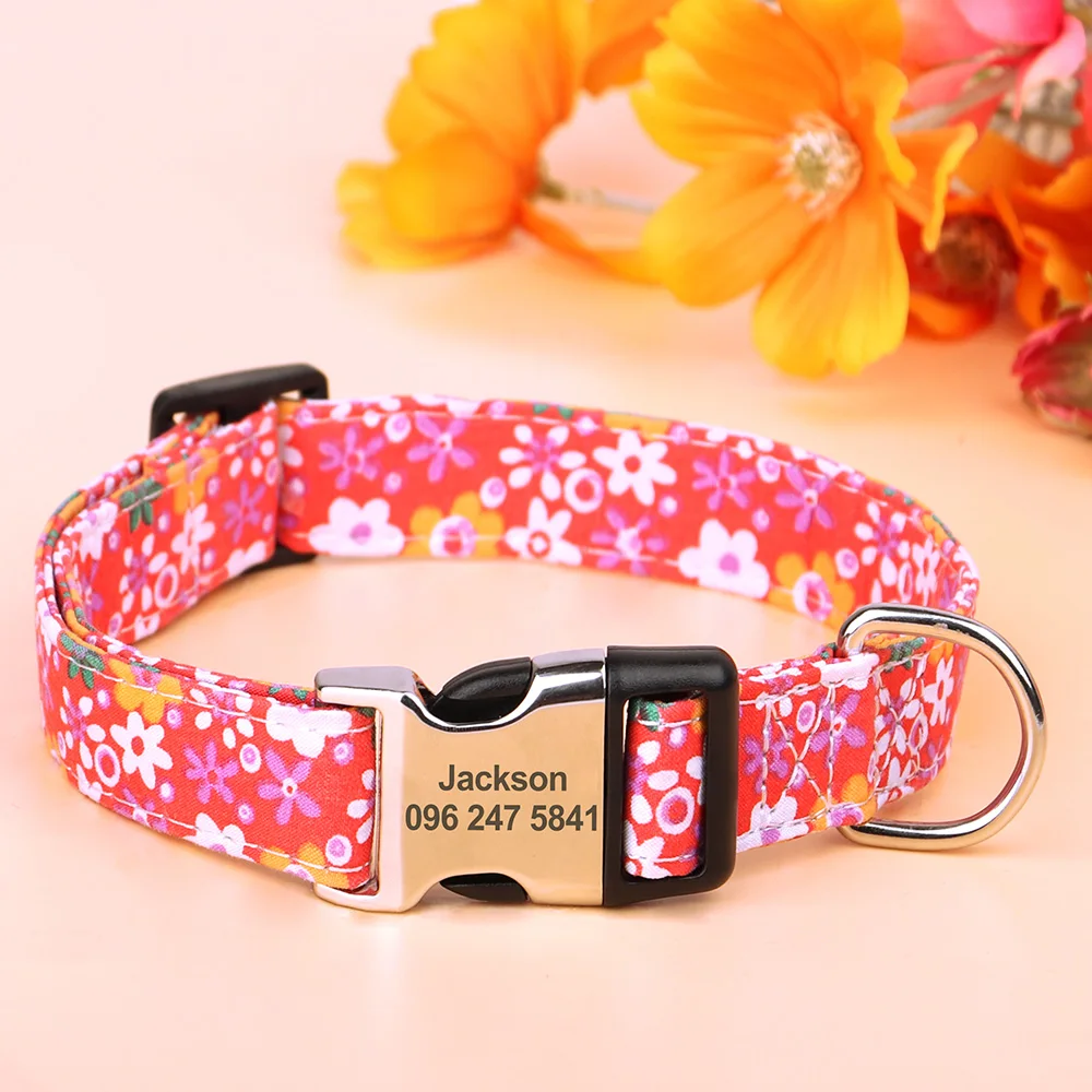 Floral Printed Custom Dog Collar Nylon Free Engraved Name ID Tag Pet Collar Personalized Dog Collars For Small Medium Dogs Cats