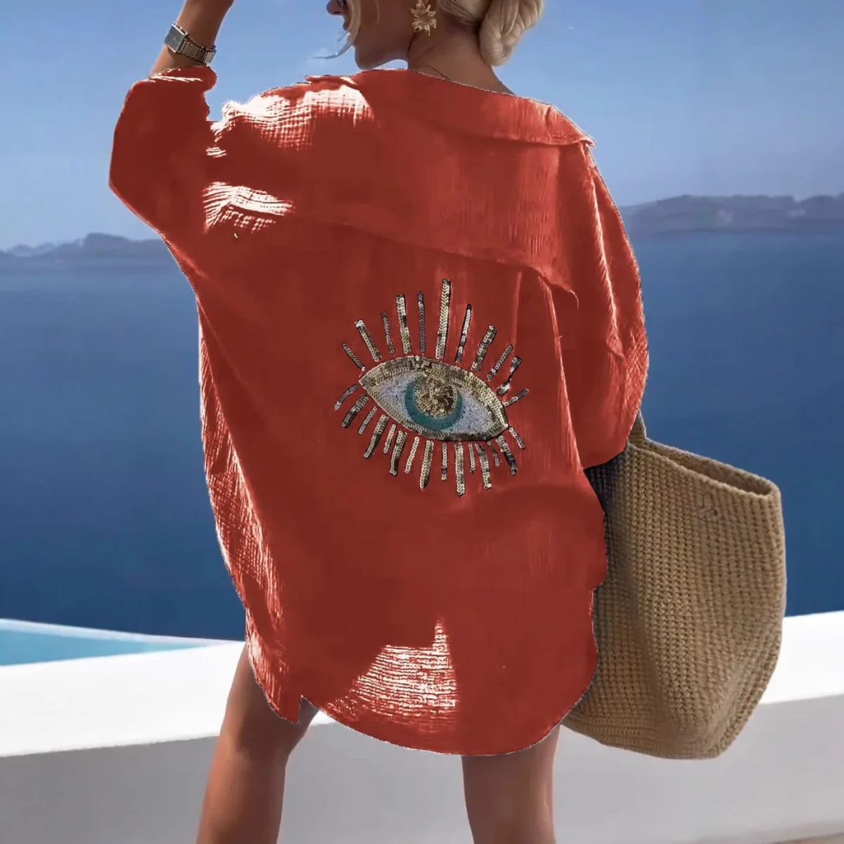 

Spring and Summer Lapel Long-sleeved Cotton and Linen Casual Fashion Shirt 2025 New European and American Women's Clothing