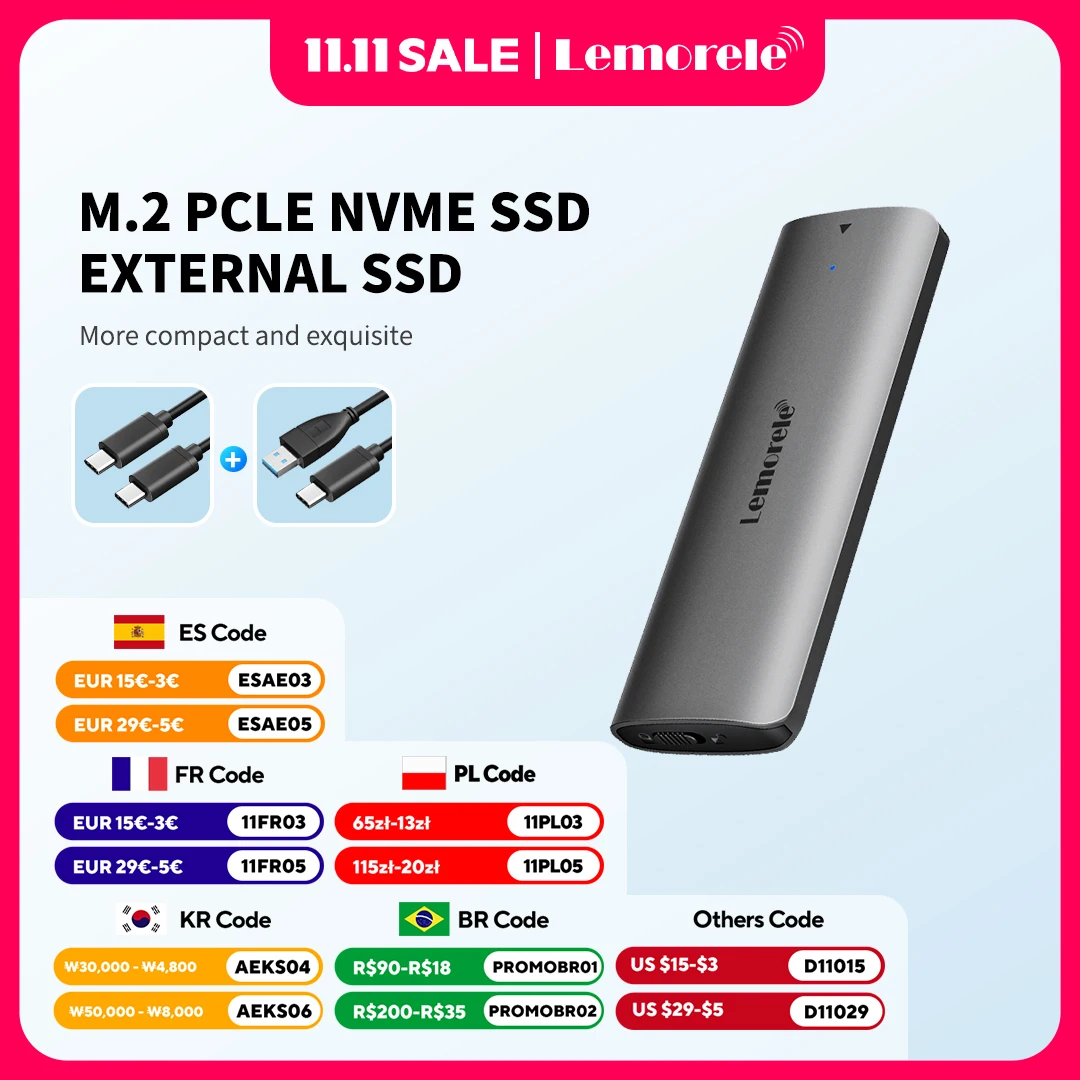 Lemorele 외장 하드 드라이브용 SSD 인클로저, M.2 NVMe USB 3.1, 10Gbps PCIe M.2 SSD 케이스, M, B + M 키, M.2 SSD