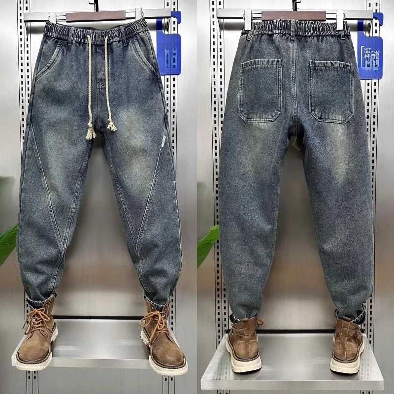 

Мужские джинсы больших размеров, зауженные, в стиле харлан, с эффектом ретро, прямые брюки на весну-осень, повседневные, со средней высотой талии