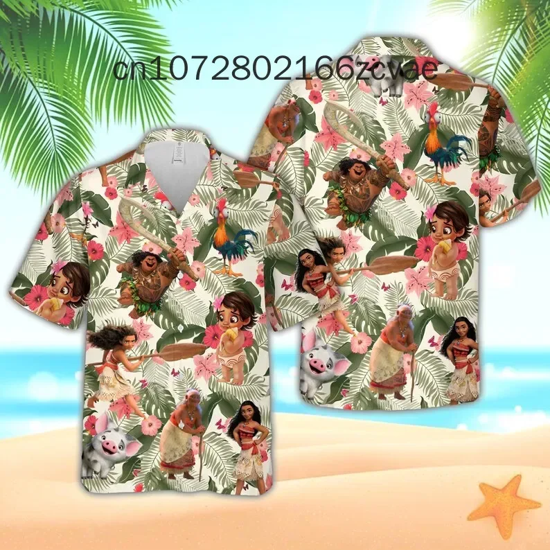 2024 Disney Moana and Maui Men and Women Hawaiian Shirt Land Trip Hawaiian Shirt Vacation Holiday Beach Short Sleeve Shirt