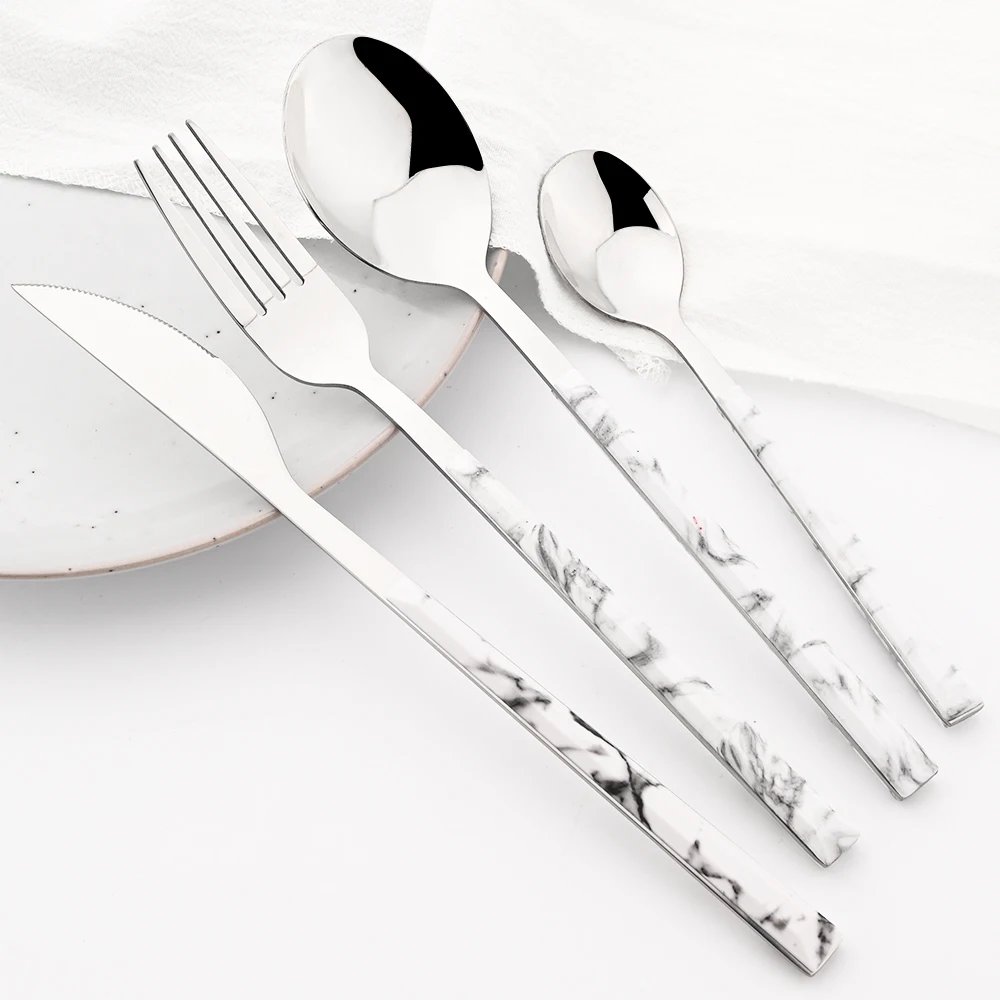 4pcs/set White Silver Cutlery Set Stainless Steel Wooden Handle Dinnerware Set Fork Spoon Knife Tableware Kitchen Flatware Set