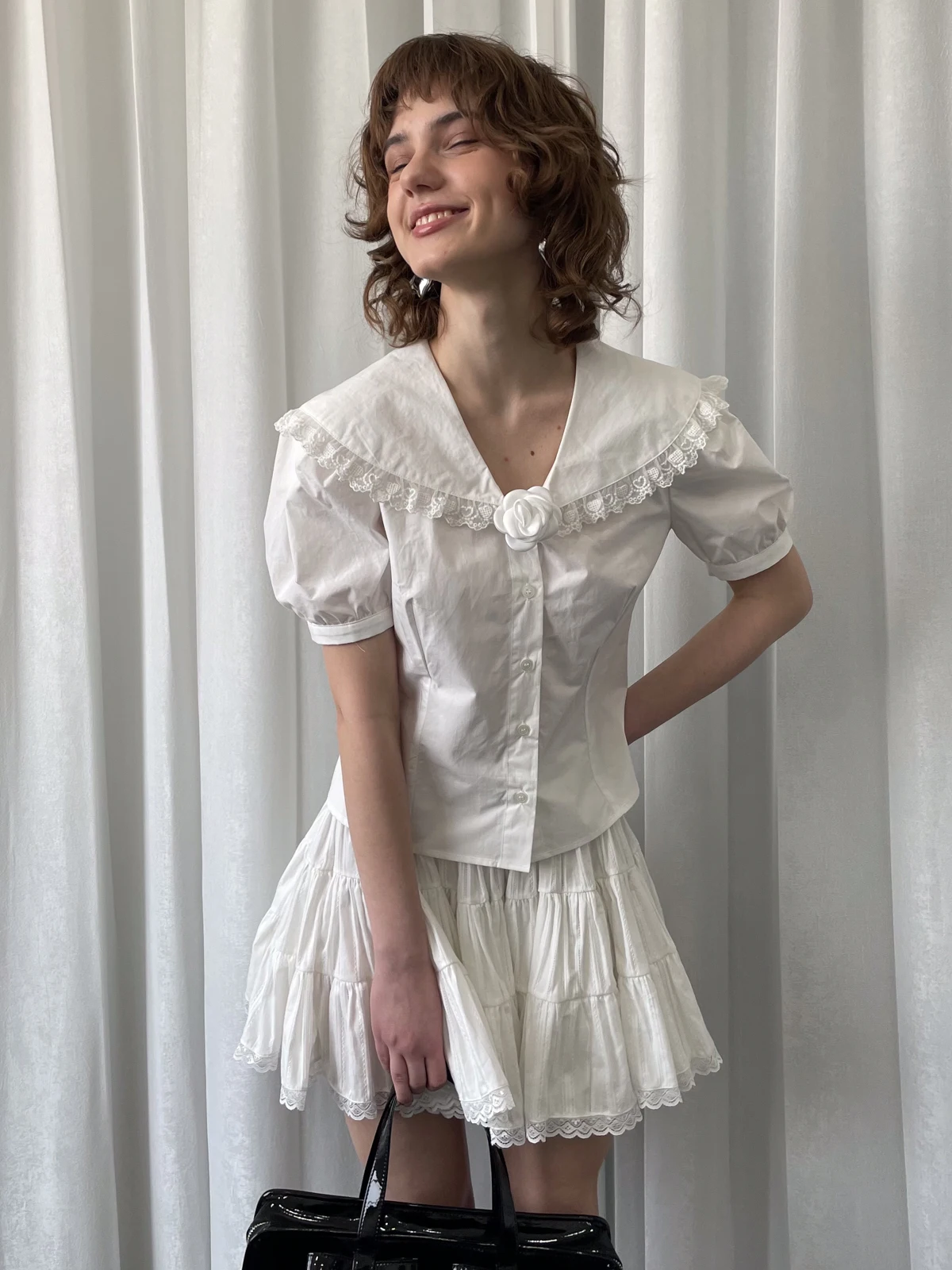 

French Sle ort Sve Lace Patchwork Tea Rose Decorated irt Small Top Cotton Material Bubble Sve Regular Length