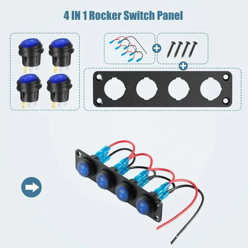 شاحن سيارة عين القطة 4-عصابة، لوحة مفاتيح بإضاءة خلفية LED لقارب السيارة RV #3