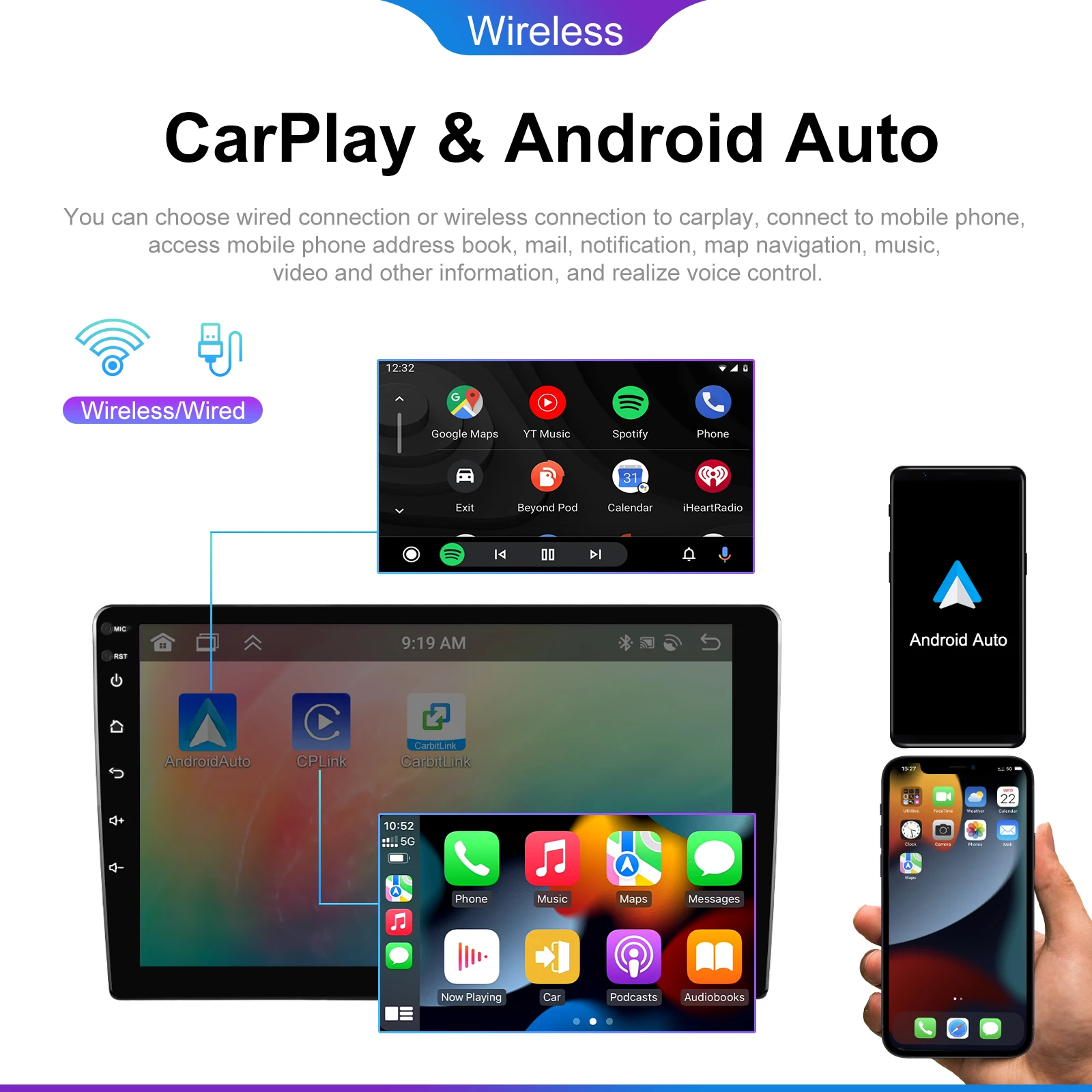 Podofo Android 4 + 64G 10,1'' 4 + 4Core Doppel Din Auto Stereo Drahtlose Carplay Wifi GPS BT FM RDS IPS Touchscreen Auto Radio